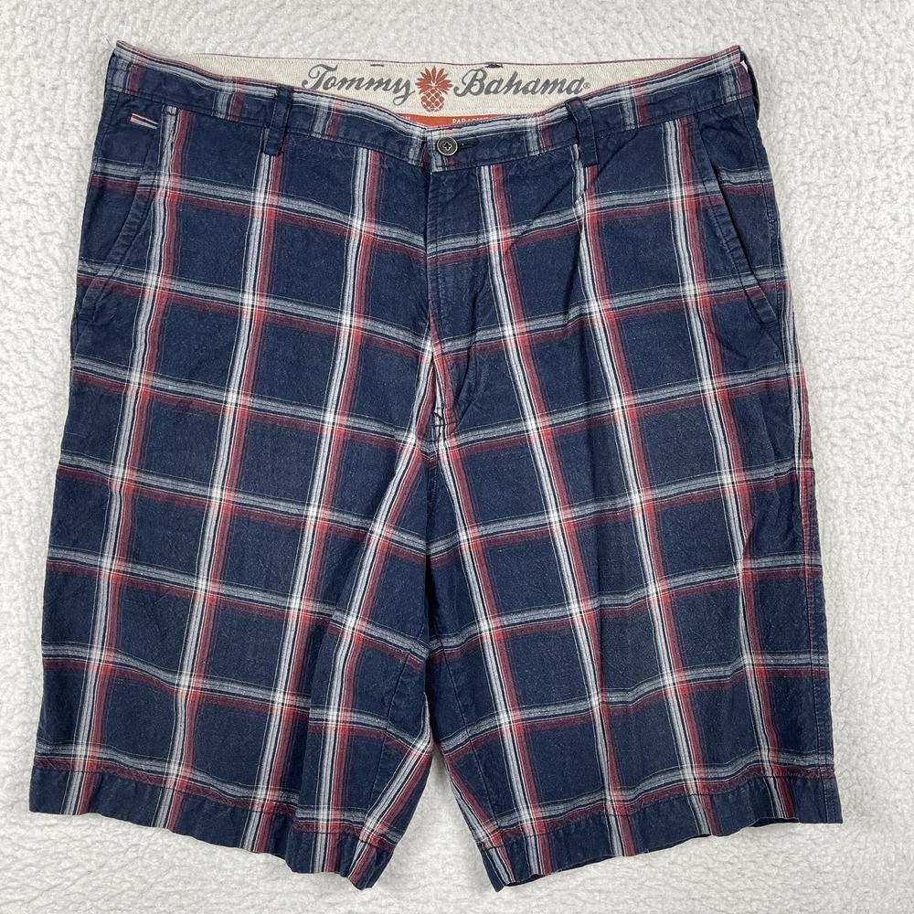 Tommy Bahama Shorts Mens 36 Blue Plaid Linen Blend Coastal Island Summer Resort